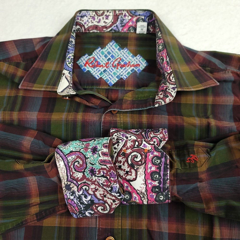 Robert Graham Mens M Shirt Long-Sleeve‎ Flip-Cuffs Brown-Maroon Plaid Cotton